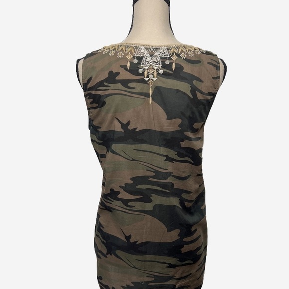 Johnny Was Crochet V Neck Terrazzo and Camo Tank Green Tan Womens size Small - Picture 7 of 8